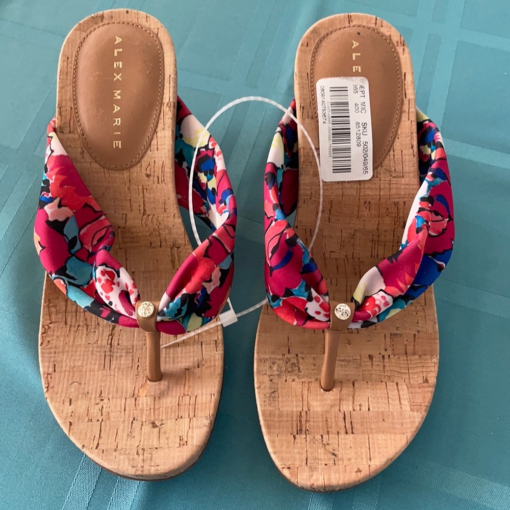 NWT Alex Marie cork wedges etching fabric top